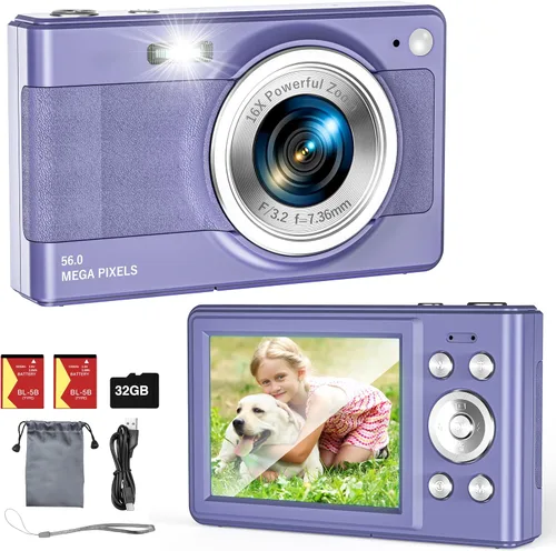 Vista 8 de Cámara digital mejorada, 56MP FHD 1080P para niños con zoom 16x anti-sacudida, tarjeta TF de 32GB, dos baterías, cordón, compacta pequeña para niños