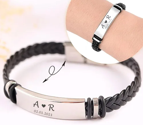 Vista 8 de Personalized Mens Bracelet Leather Engraved Bracelet Gift for Boyfriend Him Husband Dad Best man Customized Gifts Christmas Birthday Wedding