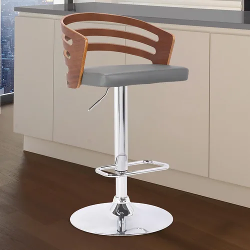 Vista 2 de Armen Living Adele - Taburete de bar moderno giratorio de altura ajustable de piel sintética gris y madera de nogal con base cromada para encimera