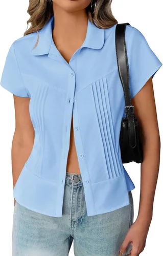 Vista 15 de Cicy Bell Blusas de manga corta con botones para mujer, plisadas, ajuste ceñido, elegantes casuales de verano