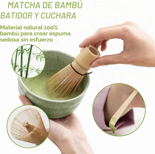 Vista 5 de Juego de batidor de matcha, cuenco de cerámica de 17 onzas con boquilla, cuchara de bambú y tamiz inoxidable, kit de 5 piezas de matcha verde jade