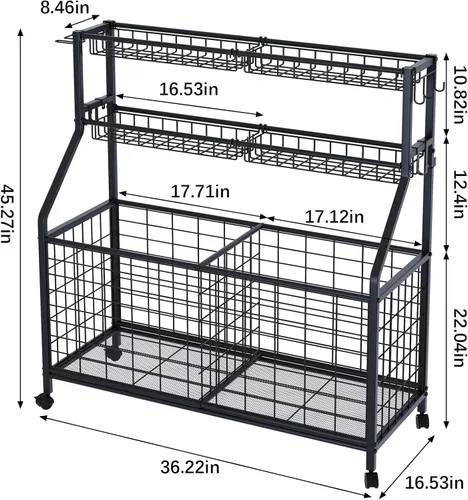 Vista 3 de Estante de almacenamiento de bolas, carrito organizador de equipo deportivo grande para garaje, gimnasio en casa, almacenamiento de equipo deportivo
