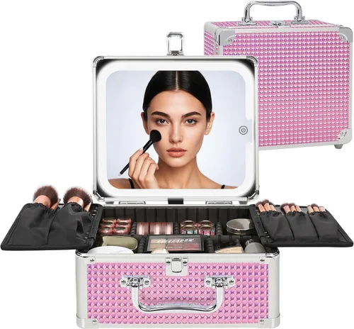 Vista 10 de Relavel - Bolsa de maquillaje con espejo LED, estuche de maquillaje para viajes en tren con espejo iluminado recargable y divisores ajustables Negro