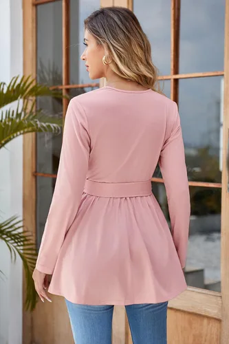 Vista 5 de OUGES Túnicas de maternidad para mujer, camisas de manga largacorta, cuello en V, ropa de maternidad para lactancia, blusa casual de embarazo