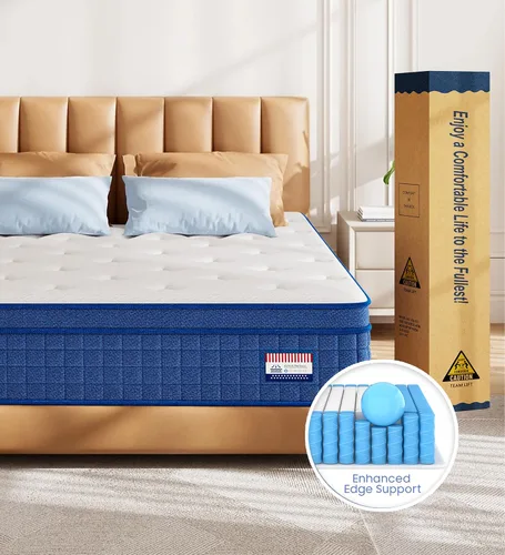 Vista 6 de Colchón Queen, colchón híbrido de 10 pulgadas tamaño Queen, muelles de bolsillo individuales con espuma viscoelástica, cama en una caja, sueño más