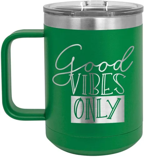 Vista 11 de Good VIBES SOLO Taza de café de 15 oz con tapa superior deslizante Taza de café de viaje aislado Ideas de regalo de cumpleaños o Navidad de Negro