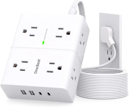 Vista 10 de One Beat Regleta protectora de sobretensiones, cable de extensión plano ultrafino de 6 pies con 8 tomas, 4 puertos USB (2 USB C), regleta