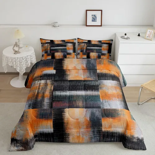 Vista 31 de Erosebridal - Juego de ropa de cama con edredón a cuadros de retazos tamaño individual, aguada geométrica en cuadrícula, conjunto retro grunge