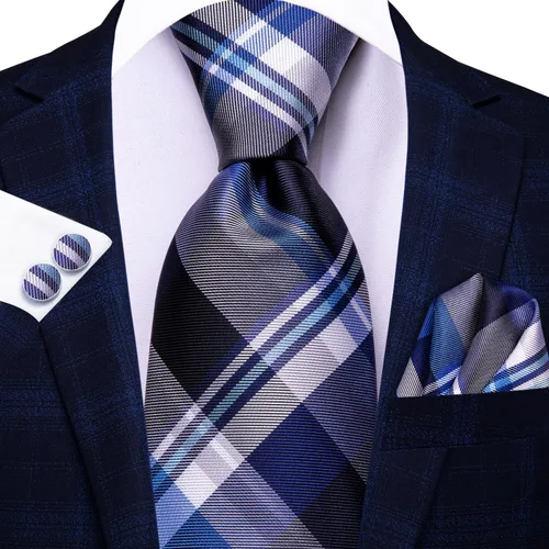 Vista 227 de Hi-Tie Corbata clásica de cachemira para hombre con pañuelo y gemelos a cuadros
