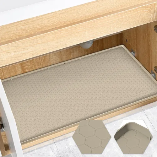 Vista 22 de Tapete impermeable para debajo del fregadero de 22 x 19 pulgadas, forro de silicona para gabinete, protector de goma para cocina y baño, mantiene