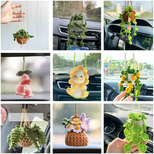 Vista 2 de Surakey Linda planta colgante de ganchillo para automóvil, planta de punto, colgador de espejo de coche, espejo retrovisor interior del automóvil