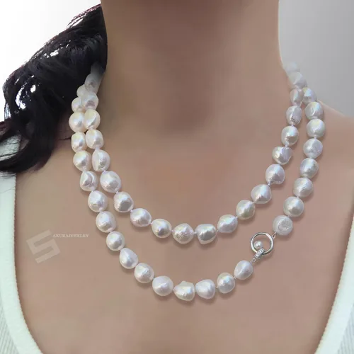 Vista 3 de Big Baroque Pearls Lariat Necklace, 12-13MM Freshwater Cultured Pearls In Sterling Silver Clasp Necklace, 37" Long Strand Pearl Necklace