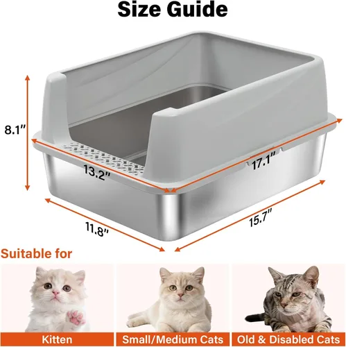 Vista 2 de Caja de arena de acero inoxidable con tapa, caja de arena de metal para gatitos, cajas de arena de entrada baja con pala y alfombra, caja de arena