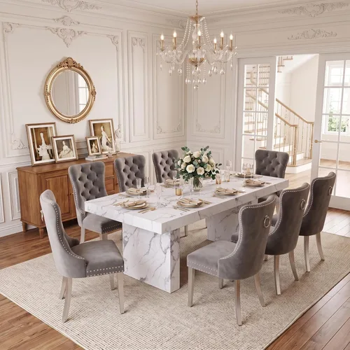 Vista 22 de Ebullient 79" White Dining Table Set for 8, Faux Marble Table & 8 Chairs Cream Chairs