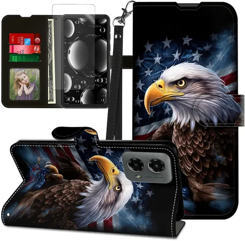 Vista 178 de Funda para Motorola Edge 2022 con protector de pantalla, soporte y tarjetero y correa para la muñeca, funda magnética para Moto Edge 2022 5G UW Lobo