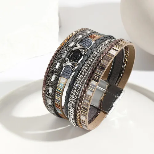 Vista 2 de Long tiantian Pulsera de cuero multicapa hecha a mano, pulseras bohemias de cristal trenzado en capas para mujeres, pulseras de cuero, joyería