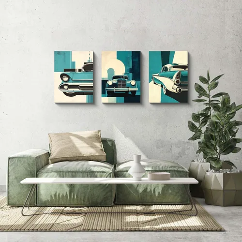 Vista 5 de NAN Wind 3 piezas de arte retro para pared de automóvil, impresión vintage clásica, verde azulado, azul, fondo geométrico abstracto de mediados