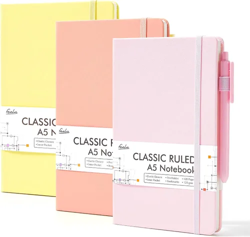 Vista 12 de feela Paquete de 3 Cuadernos Diarios a Granel, Cuaderno de Tapa Dura Clásico con Rayas Rayado Diarios con Soporte para Bolígrafo para Mujeres Niñas