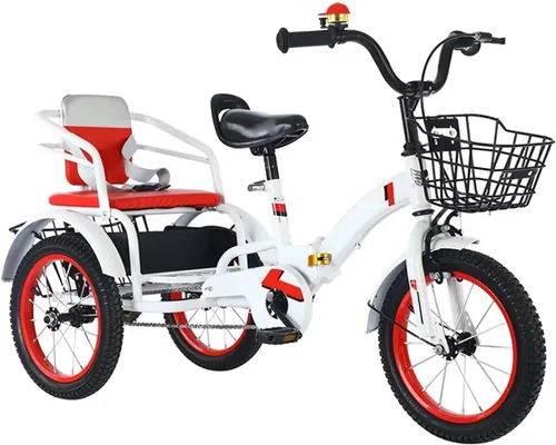 Vista 9 de Triciciclos plegables para niños con mango parental, triciclos tándem de 3 a 10 años con asiento trasero del pasajero, silla de montar ajustable