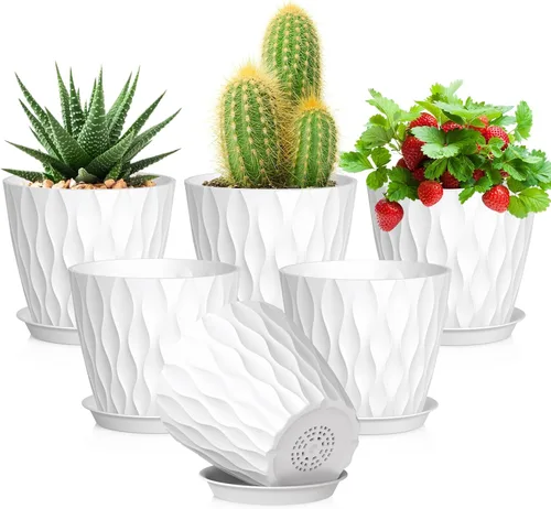 Vista 29 de Meowell Macetas pequeñas de plástico de 4 pulgadas, macetas de plántulas, juego de 5 macetas de ondas de agua para plantas de interior, macetas