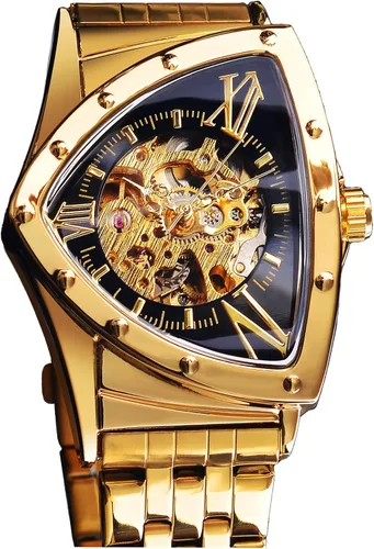 Vista 11 de FORSINING Triangle Skeleton Reloj mecánico automático para hombre, de lujo, dorado, negro, acero inoxidable, impermeable, luminoso, reloj de pulsera