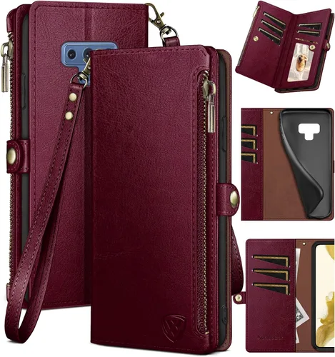 Vista 9 de XcaseBar Funda tipo cartera para Samsung Galaxy Note 9 con cremallera y tarjetero de crédito con bloqueo RFID, funda de piel sintética con tapa