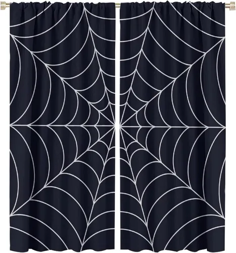 Vista 100 de Cortinas opacas de tela de araña aterradora para niños, tela de araña en blanco y negro, fondo rojo, dormitorio de niños, guardería, decoración