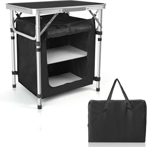 Vista 8 de CampLand Mesa de cocina plegable para acampar con parabrisas, estación de cocina portátil al aire libre con armario de almacenamiento y mesas Negro