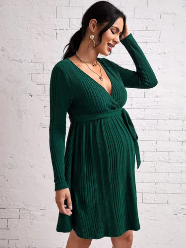Vista 3 de MakeMeChic Vestido de maternidad para mujer, manga larga, cuello en V, acanalado, con cinturón, vestido de embarazo
