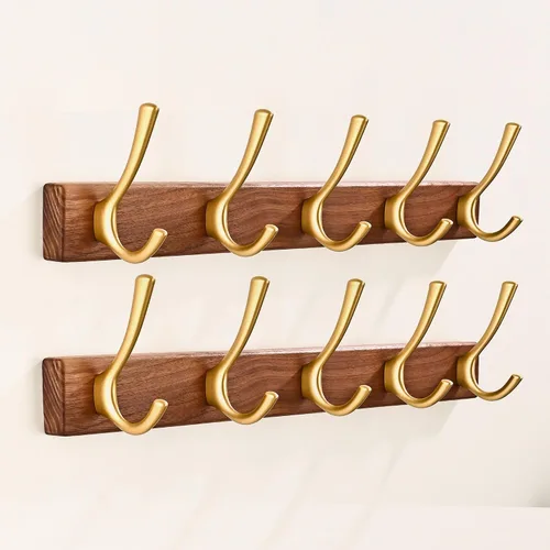 Vista 16 de Perchero de pared pequeño de madera de nogal de 17.3 pulgadas con 4 ganchos, colgador de chaquetas de madera resistente montado en puerta