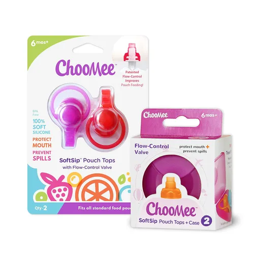 Vista 7 de ChooMee SoftSip - Tapas para bolsas de alimentos, 4 colores + funda morada, evita derrames y protege la boca de los niños