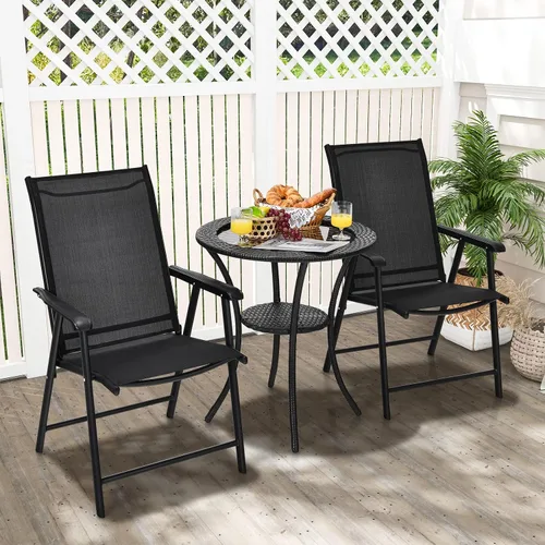 Vista 2 de Tangkula Juego de 2 sillas plegables para patio, sillas de comedor de tela para exteriores con respaldo alto y reposabrazos, marco de metal Negro