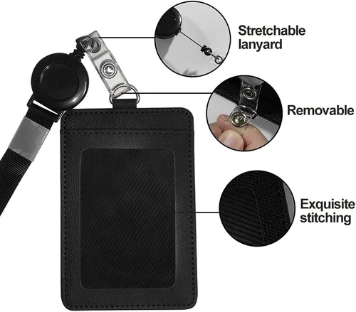 Vista 2 de HYCOPROT Soporte para tarjetas de identificación con cordón, retráctil, de piel sintética, vertical, horizontal, para tarjetas de identificación