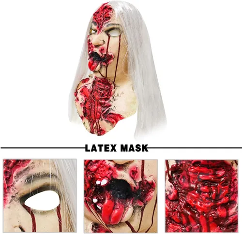 Vista 3 de xiuyou Máscara de zombi sangrienta, máscara de fantasma femenino aterrador con cabello, casco realista de cara completa, disfraz de Halloween