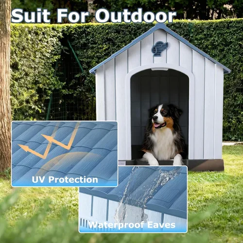 Vista 4 de LEMBERI Casa de perro de plástico impermeable duradera para perros de tamaño pequeño a mediano, caseta para perros para interiores y exteriores