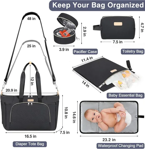 Vista 3 de ITIEZY Bolsa de pañales tipo tote para bebé - Bolsa grande para mamá con cambiador portátil, estuche para chupete, bolsas de hospital, bolsa