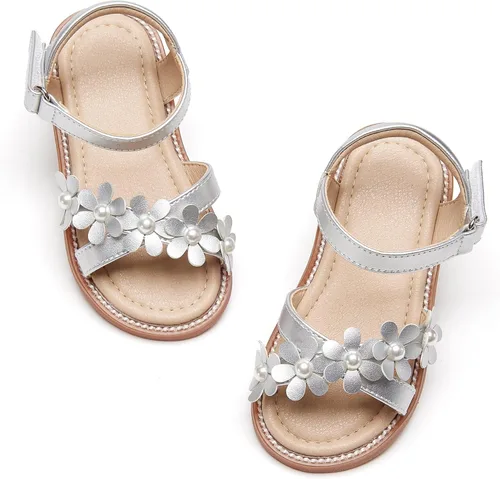 Vista 52 de Sandalias de verano para niñas con puntera abierta, sandalias planas de princesa con suela cómoda D742 Oro