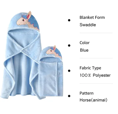 Vista 3 de TONWHAR Manta con capucha de cara de animal para bebés y niños de 0 a 4 años, manta de felpa para después del baño (caballo azul)
