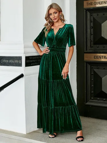 Vista 3 de Amegoya Vestido largo de terciopelo de manga corta con cuello en V para mujer, vestido largo formal para invitados de boda, otoño, noche, fiesta