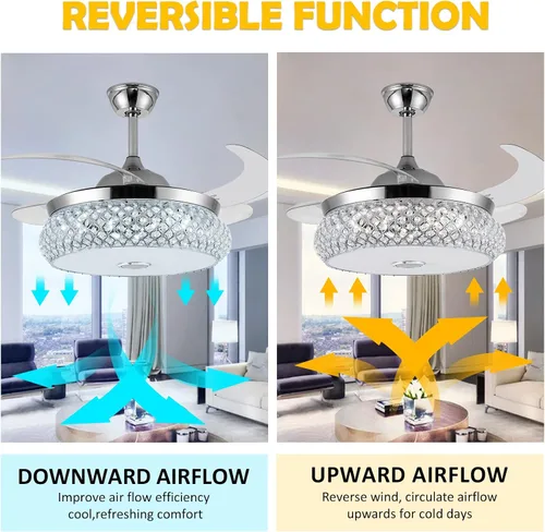 Vista 5 de Lámpara de techo invisible de 42 pulgadas con luz y altavoz Bluetooth, moderna lámpara de ventilador de techo de cristal de 3 colores con control