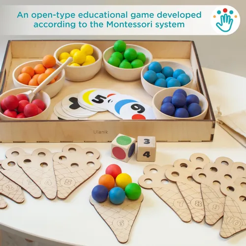 Vista 3 de Ulanik Sweet Counting - Juguetes Montessori grandes para niños de 3 años + juego de madera a juego para aprender a clasificar y contar colores - 60