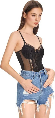 Vista 4 de SHENHE Body sin mangas de encaje floral con tirantes delgados, malla transparente para mujer