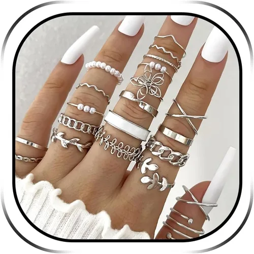 Vista 11 de Anillos Apilables de Oro para Mujeres Rellenos de Medias Navideñas para Adolescentes Conjunto de Anillos de Hoja de Perla Circonita Cúbica Corazón A