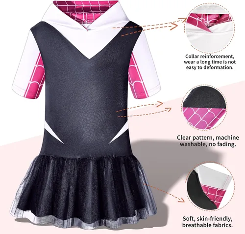 Vista 2 de sunmond Disfraz de Spider Gwen para niñas, disfraz de superhéroe fantasma, Stacy, vestido de cosplay, perfecto para uso diario y Halloween