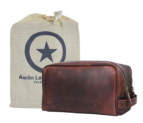 Vista 9 de Aaron Leather Goods - Neceser de viaje, de cuero de alta calidad, con forro impermeable Dopp de estilo vintage, hecho a mano, tamaño king - Kit ~