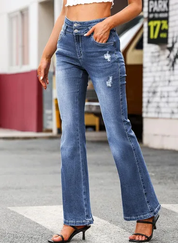 Vista 3 de Sidefeel Pantalones de mezclilla acampanados destruidos de cintura alta para mujer
