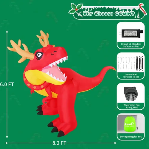 Vista 6 de COMIN - Adornos inflables de Navidad de 1.8 m para exteriores, dinosaurio con cuernos navideños, inflables con LED integrados para decoración