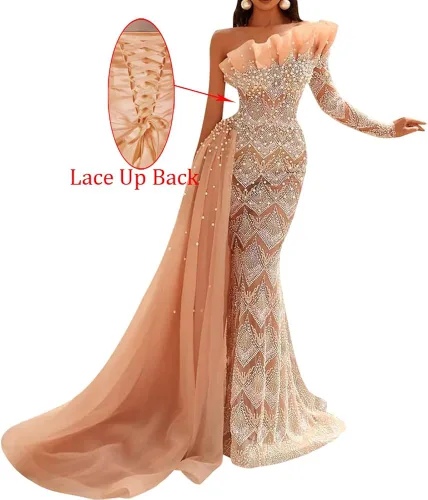Vista 5 de Vestido de cóctel de manga larga con volantes y hombros descubiertos para mujer, con lentejuelas y cuentas de sirena, plisado, vestido largo formal