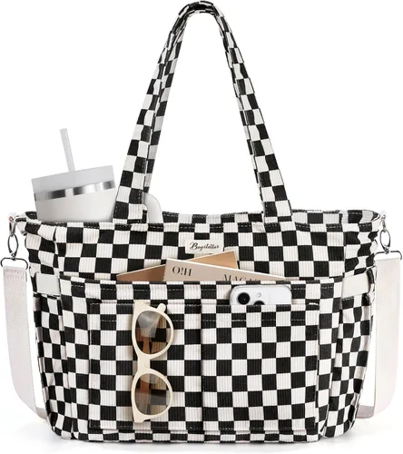 Vista 12 de Bolsa tote de pana para mujeres, 17 bolsillos para laptop de trabajo, ligera, para maestras, enfermeras, bolsa de hombro bíblica para escuela