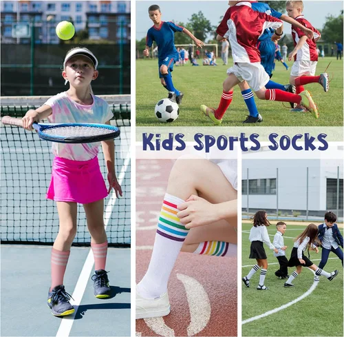 Vista 6 de Durio Calcetines de fútbol para niños, calcetines de fútbol de algodón suave para niños y niñas, calcetines deportivos hasta la rodilla